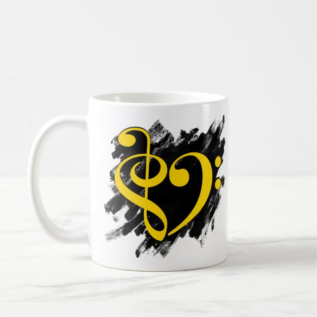 Treble and Bass Clef Musical Heart Yellow Coffee Mug (Left)