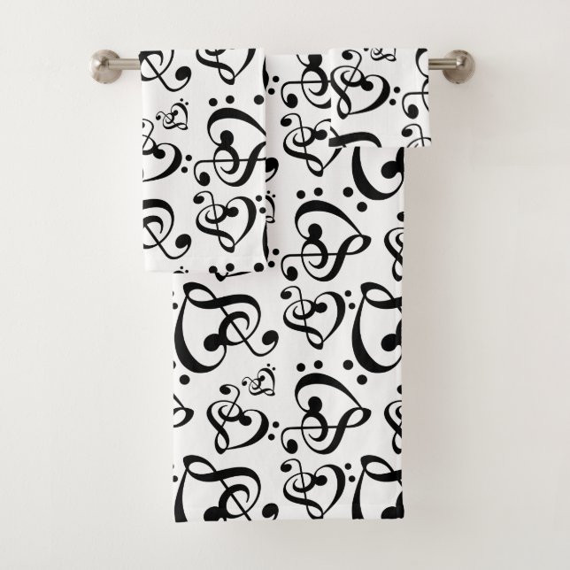 Treble Bass Clef Hearts Music Notes Pattern Bath Towel Set (Insitu)