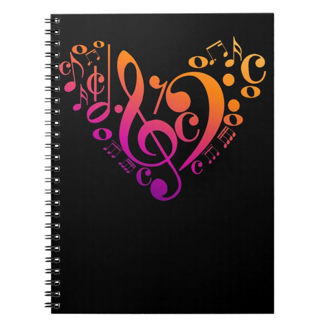 Treble Bass Clef Musical Notes Colourful Heart Notebook (Front)