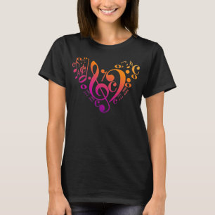 Treble Bass Clef Musical Notes Colourful Heart T-Shirt