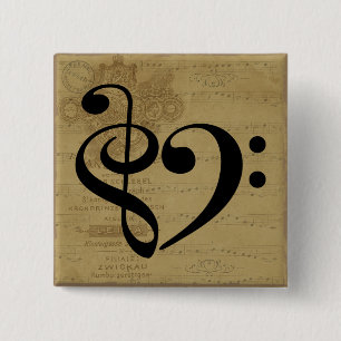 Treble Clef Bass Clef Heart Vintage Sheet Music 15 Cm Square Badge