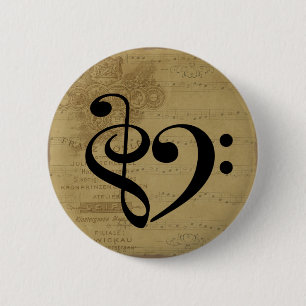 Treble Clef Bass Clef Heart Vintage Sheet Music 6 Cm Round Badge