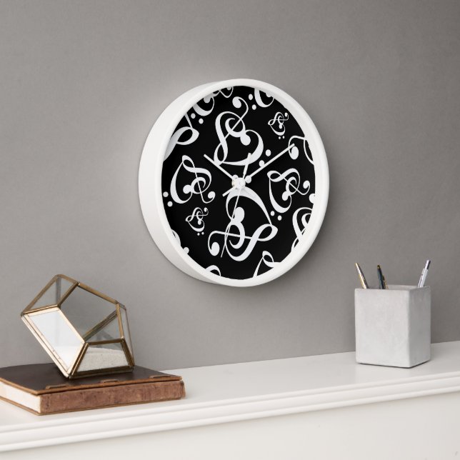 Treble Clef Bass Clef Hearts Music Pattern Clock (Office)