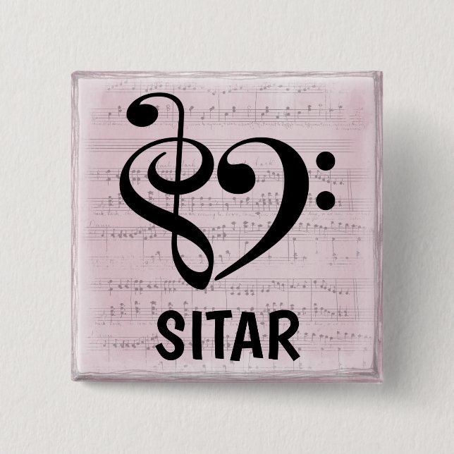 Treble Clef Bass Clef Musical Heart Sitar 15 Cm Square Badge (Front)