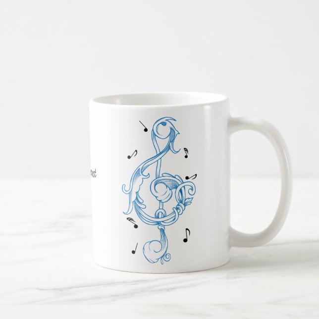 Treble clef blue scrollwork sol note key coffee mug (Right)