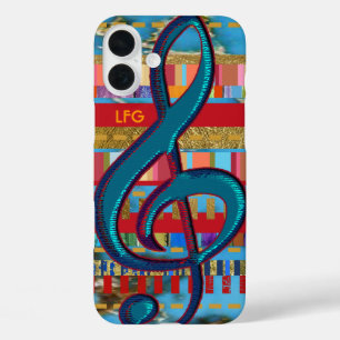 treble-clef & colourful-stripes personalised iPhone 16 plus case