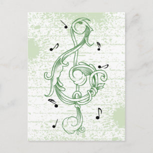 Treble clef green scrollwork sol note key postcard