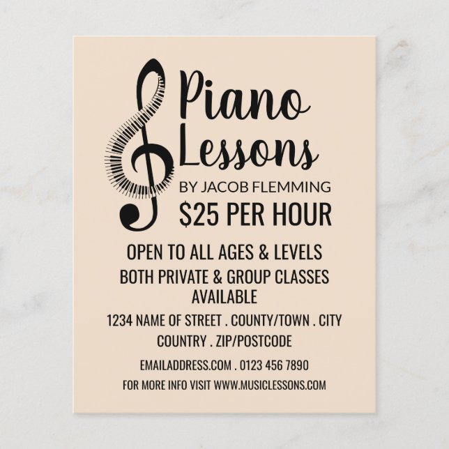 Treble Clef, Keyboard, Piano Lessons Advertising Flyer (Front)