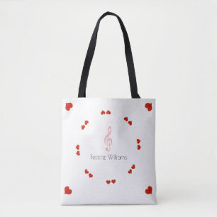 treble clef & love hearts with name, music tote bag