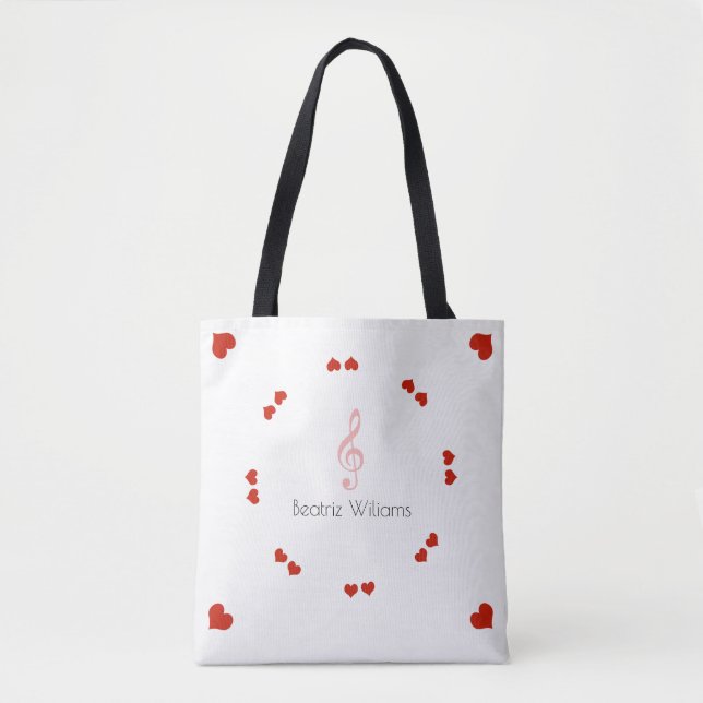 treble clef & love hearts with name, music tote bag (Front)