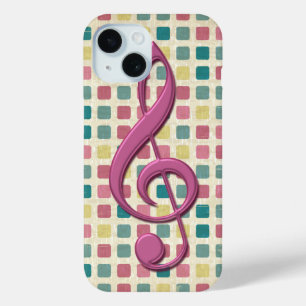 Treble Clef Mosaic Pattern Pink and Teal iPhone 15 Case