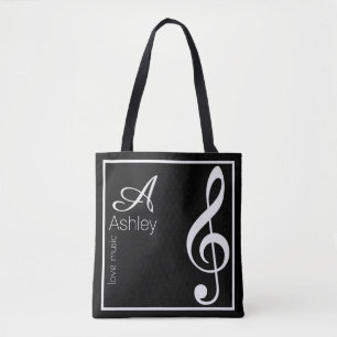 treble clef music black tote bag