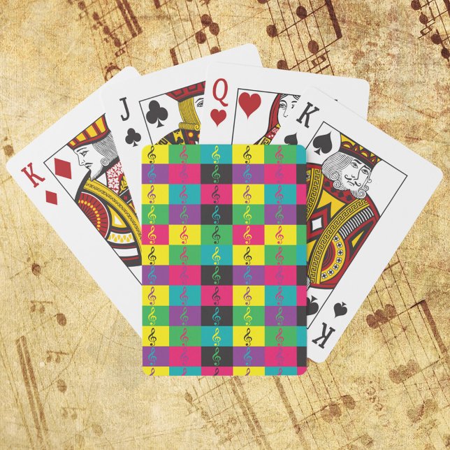 Treble Clef Music Bright Colour Pattern Playing Cards (A deck of playing cards featuring a treble clef pattern in yellow, black, pink, green and blue.)