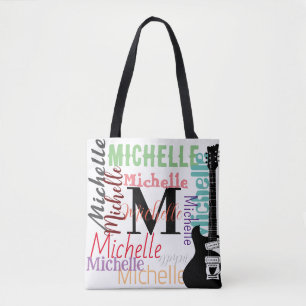 treble clef music note monogram with colour names tote bag