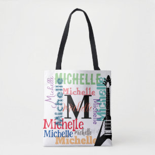 treble clef music note monogram with colour names tote bag
