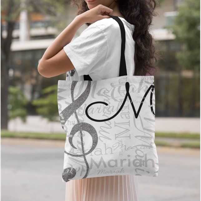 Treble Clef Music Note Monogram with Name White Tote Bag (musical note & name)