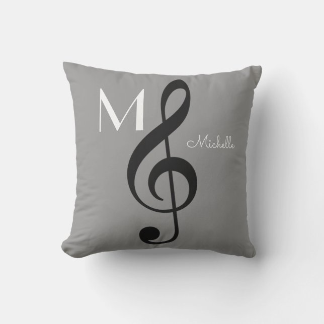 treble clef music note monogrammed grey outdoor cushion (Front)