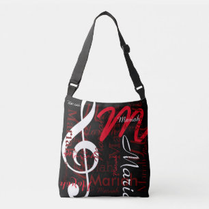 treble clef music note + red names on black crossbody bag