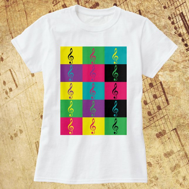 Treble Clef Music Pattern Bright Colourful T-Shirt (A tshirt with a pattern of colorful treble clefs.)