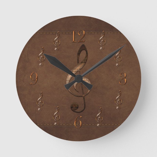 Treble Clef Music-themed Faux Leather Wall Clock (Front)