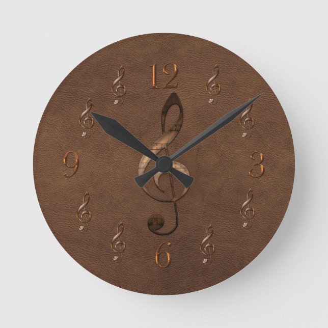 Treble Clef Music-themed Faux Leather Wall Clock (Front)
