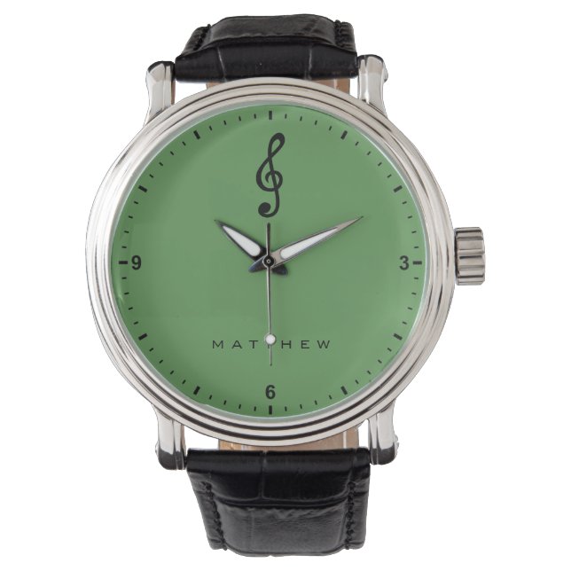 Treble Clef Musical Note Music Plain Green Name Watch (Front)