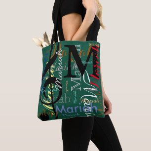 Treble Clef Note Music Monogram and Names on Green Tote Bag