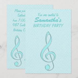 Treble Clef Pale Turquoise Chevron Birthday Party Invitation