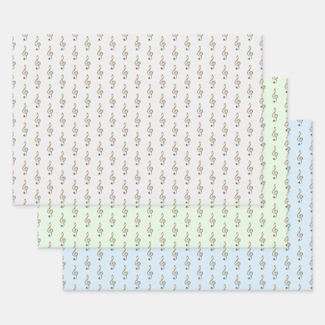 Treble Clef Pattern Music Themed Grey Green Blue Wrapping Paper Sheet (Set)