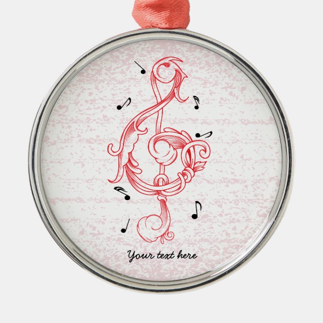 Treble clef red scrollwork sol note key metal tree decoration (Front)