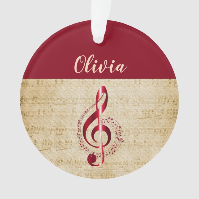 Treble Clef Red Vintage Music Name Ornament (Front)