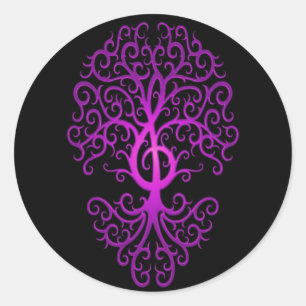 Treble Clef Tree, purple & black Classic Round Sticker