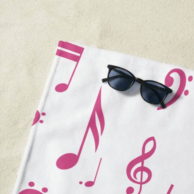 Treble Clef Wave Music Notes in Pink and White Beach Towel (In Situ)