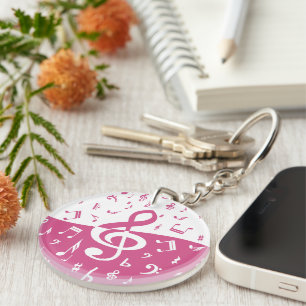 Treble Clef Wave Music Notes in Pink and White Key Ring