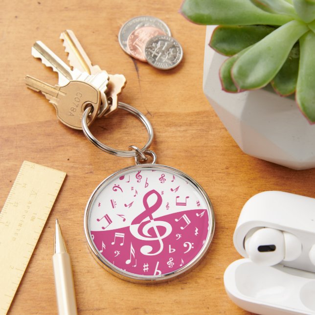 Treble Clef Wave Music Notes in Pink and White Key Ring (Desk)