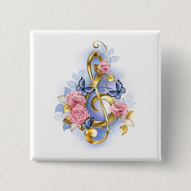Treble clef with Pink Roses 15 Cm Square Badge (Front)