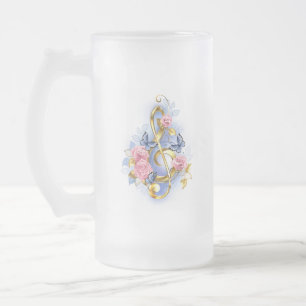 Treble clef with Pink Roses Frosted Glass Beer Mug