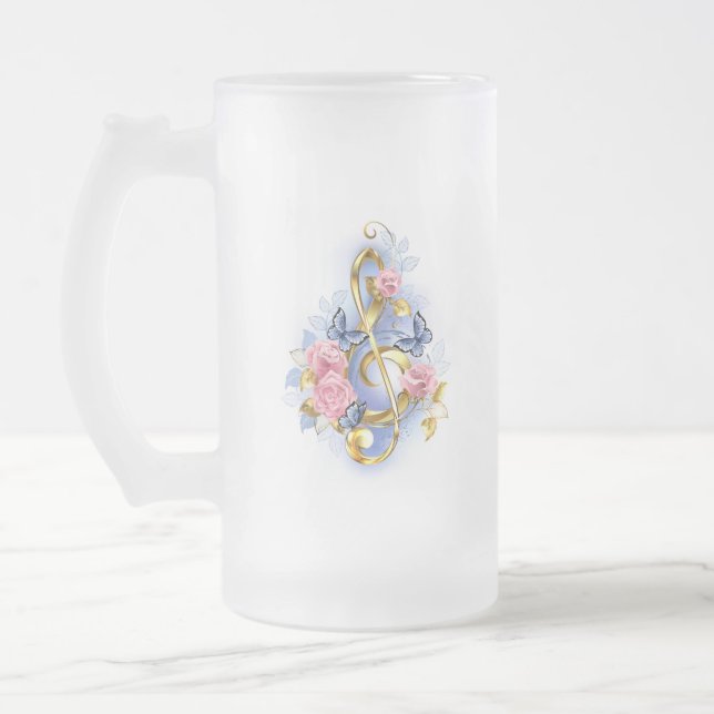 Treble clef with Pink Roses Frosted Glass Beer Mug (Left)