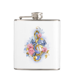 Treble clef with Pink Roses Hip Flask