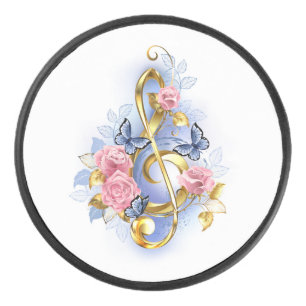 Treble clef with Pink Roses Hockey Puck
