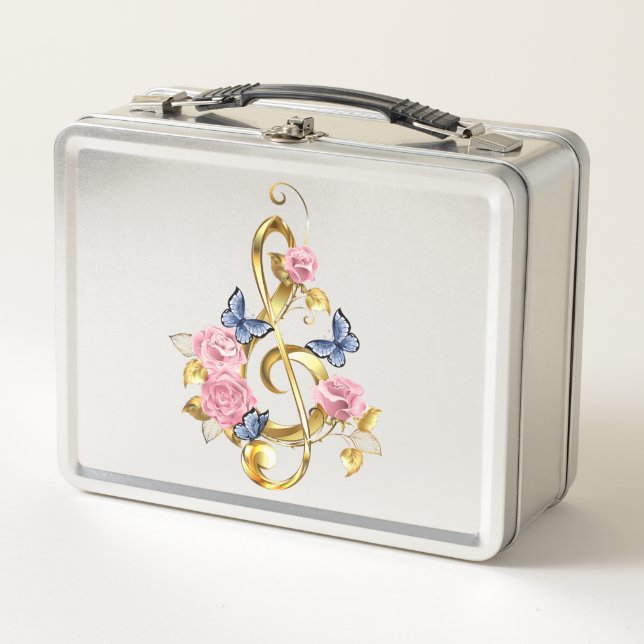 Treble clef with Pink Roses Metal Lunch Box (Front)