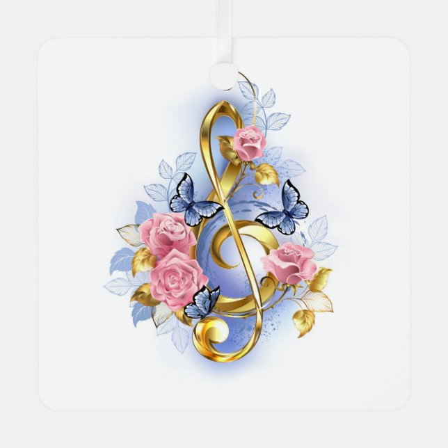 Treble clef with Pink Roses Metal Tree Decoration (Front)