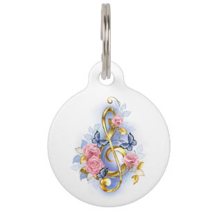 Treble clef with Pink Roses Pet Tag