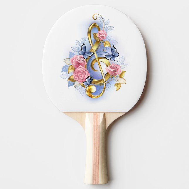 Treble clef with Pink Roses Ping Pong Paddle (Front)