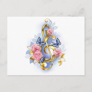Treble clef with Pink Roses Postcard