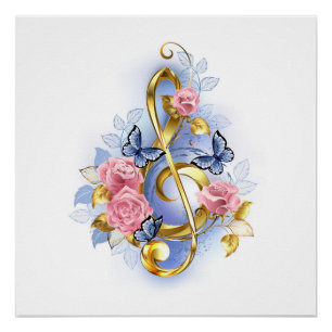 Treble clef with Pink Roses Poster