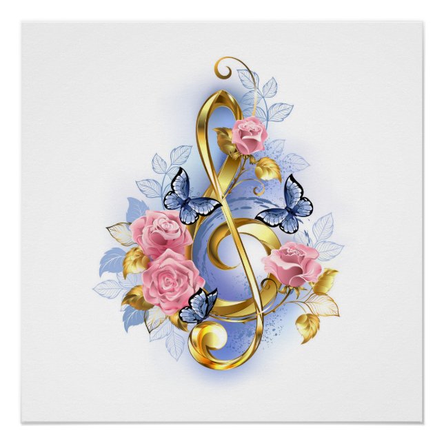 Treble clef with Pink Roses Poster (Front)