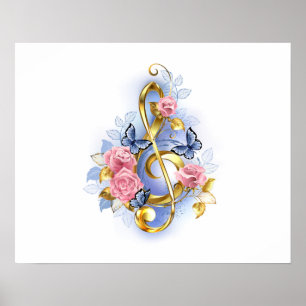 Treble clef with Pink Roses Poster