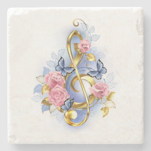 Treble clef with Pink Roses Stone Coaster