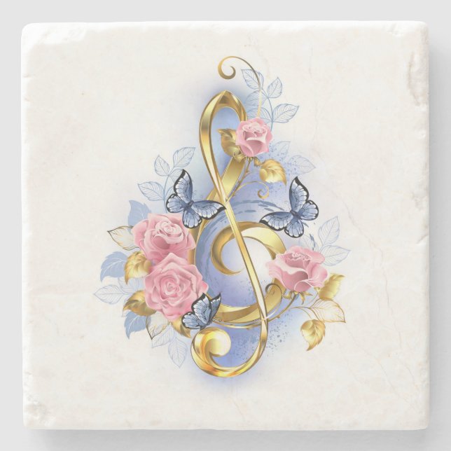 Treble clef with Pink Roses Stone Coaster (Front)